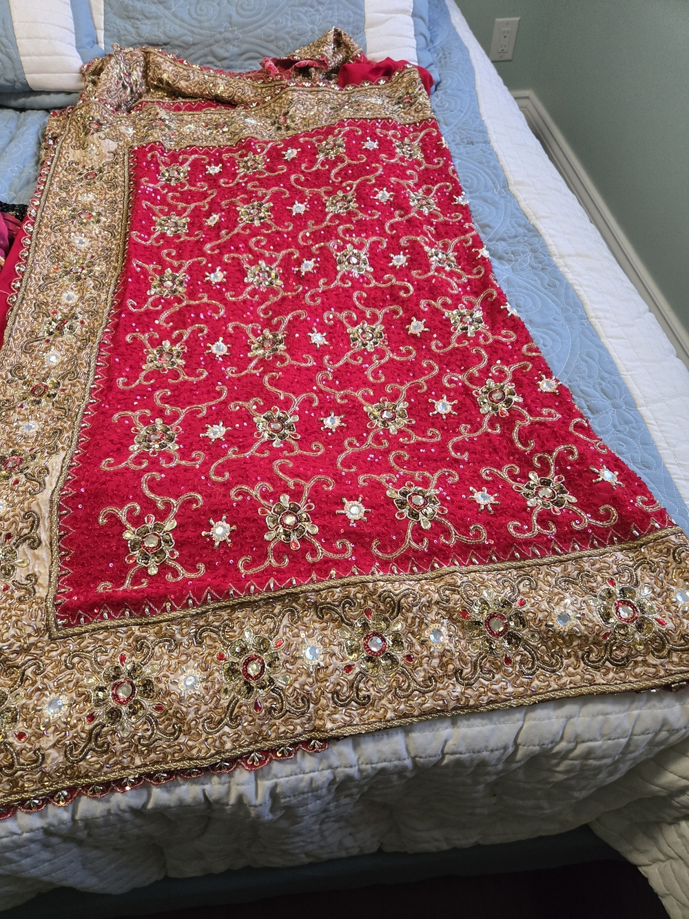 Heavily Beaded & Sequined Red Silk Wedding Saree With 2 Blouses